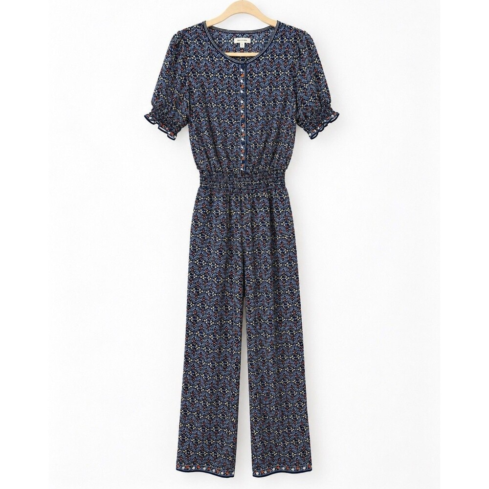 Max Studio Women L Blue Polyester Jumpsuit Floral Wide Leg Button Pockets - Picture 2 of 3